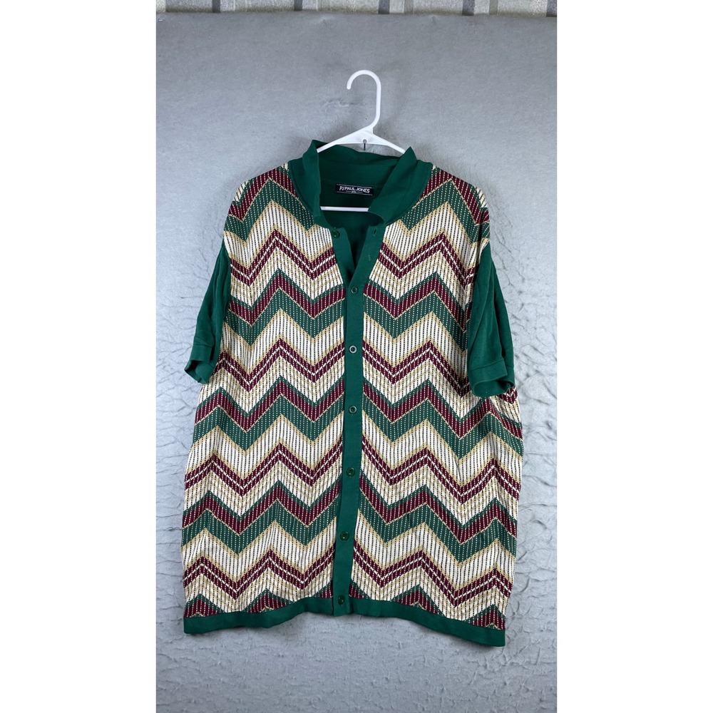 PJ Paul Jones Knit Cardigan Mens 2XL Green Excellent Zig Zag Short Sleeve Button